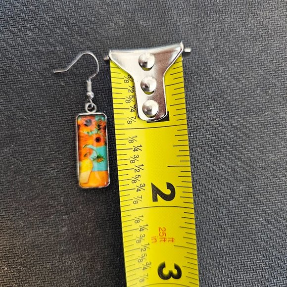 Sunflower Van Gogh Painting Drop Dangle Fish Hook Earrings  - Picture 5 of 6